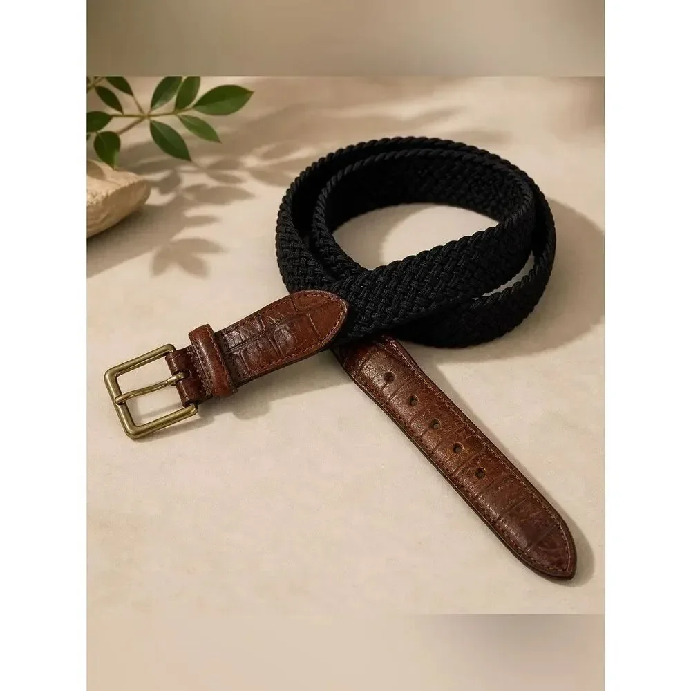 Hand Made In America Black Braided Stretch Belt Brown Leather Brass 38/95
